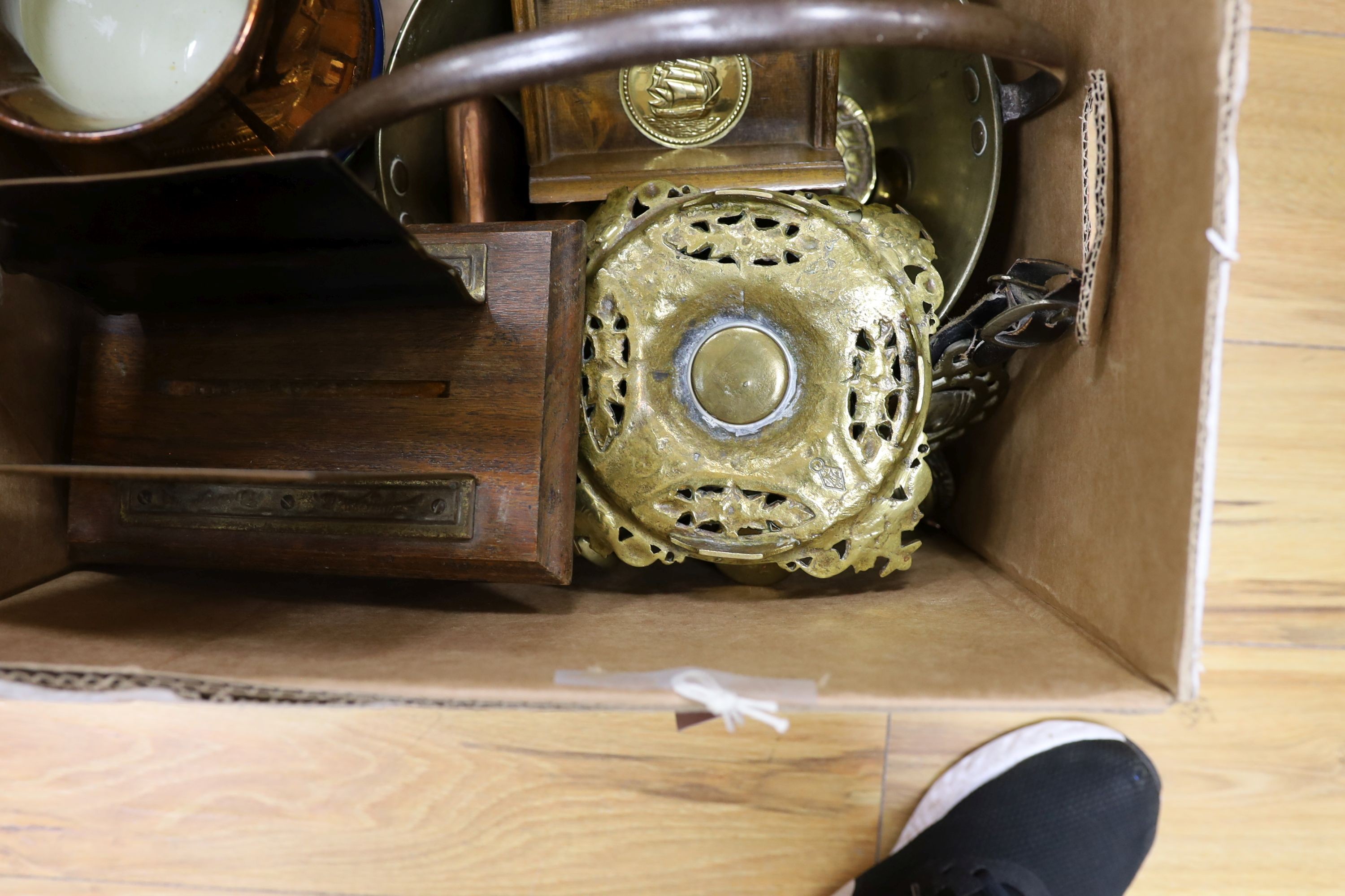 Two boxes of brass and copper ware, and a copper lustre jug